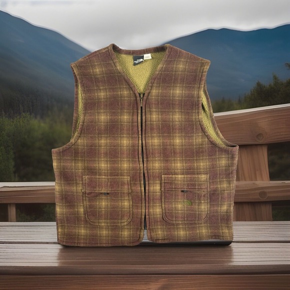 Vintage North Face Vest Mens Large Plaid Sherpa Hunter Hiking Brown Made In USA